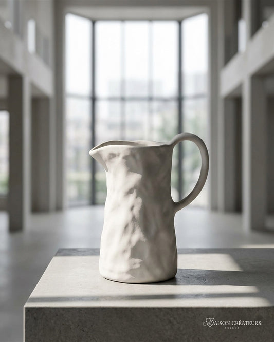 Pichet en grès blanc naturel 1,4 L à surface martelée, posé sur du béton dans un atrium lumineux