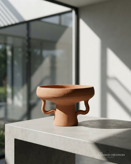 Coupe sur pied en céramique terracotta faite main, posé sur du béton dans un atrium lumineux