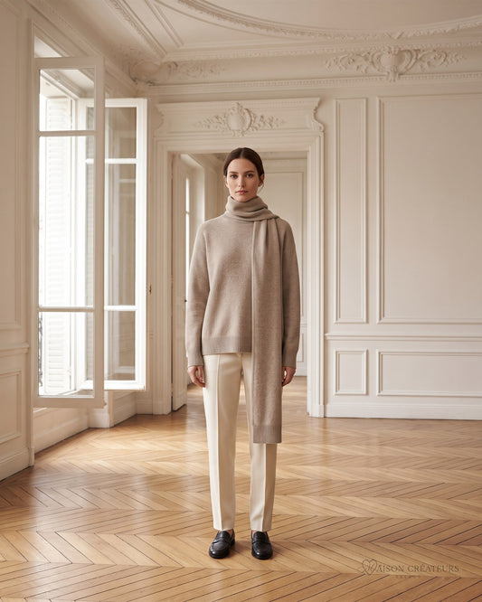 Pull écharpe beige en maille fine à écharpe intégrée, porté dans un salon haussmannien