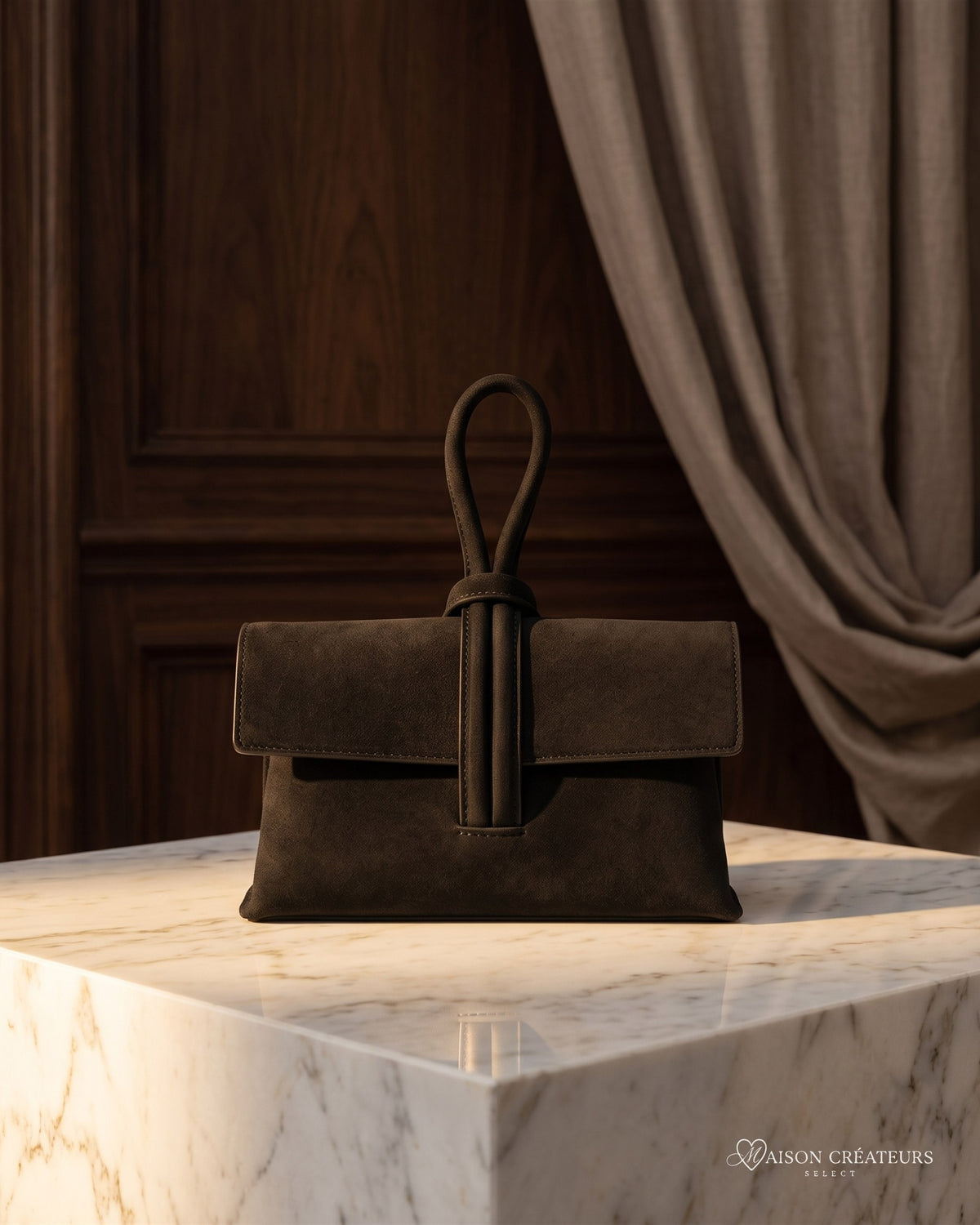 La pochette Capri en cuir suède noir posé sur un bloc de marbre blanc en boutique