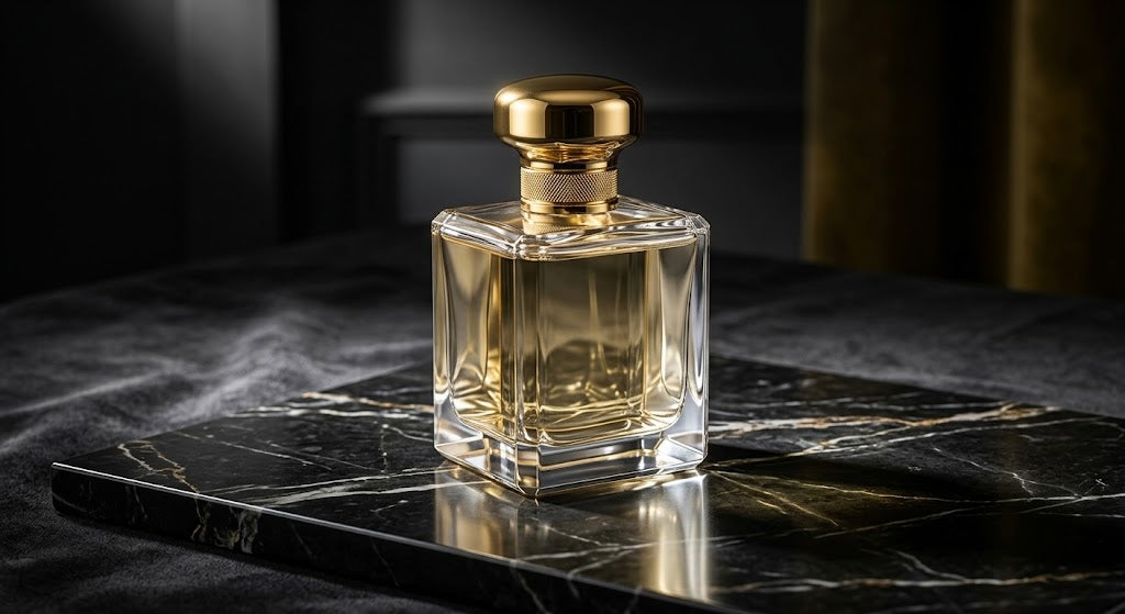 Flacon de parfum posé sur un marbre noir