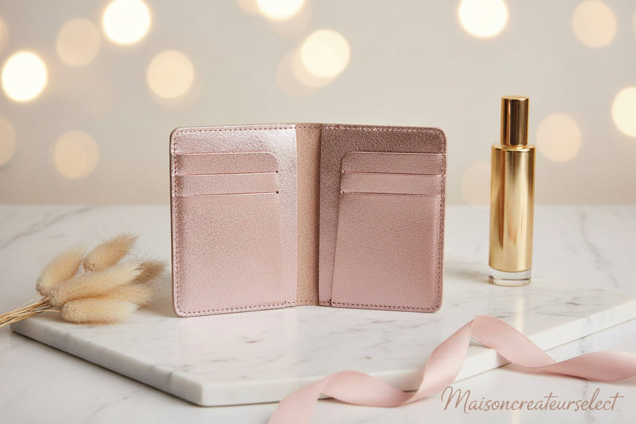 Porte-passeport cuir rose clair, vue de face