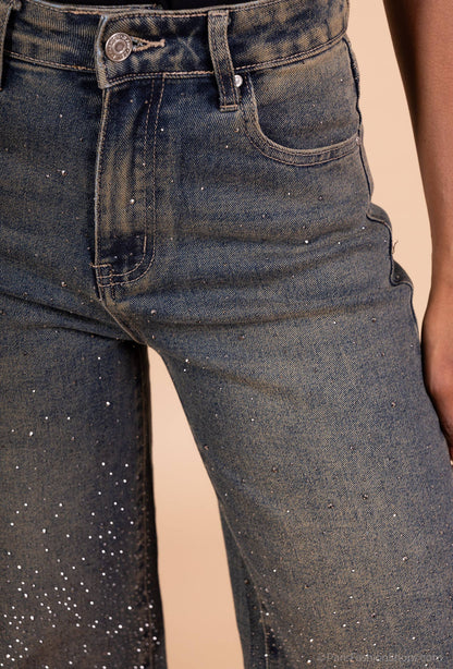 Wide leg jean avec strass Bleu