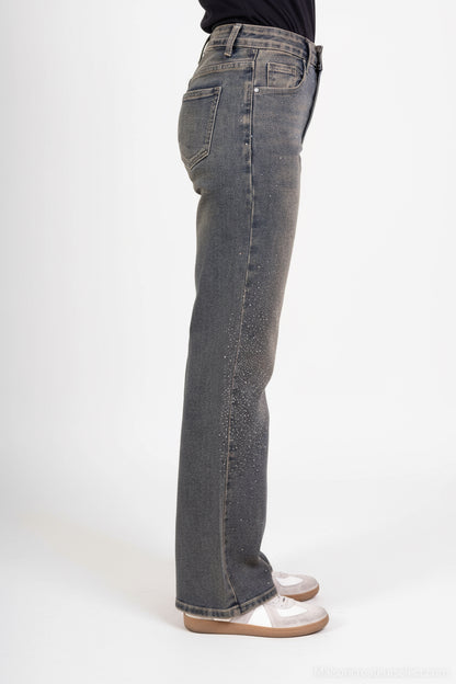 Wide leg jean avec strass Bleu