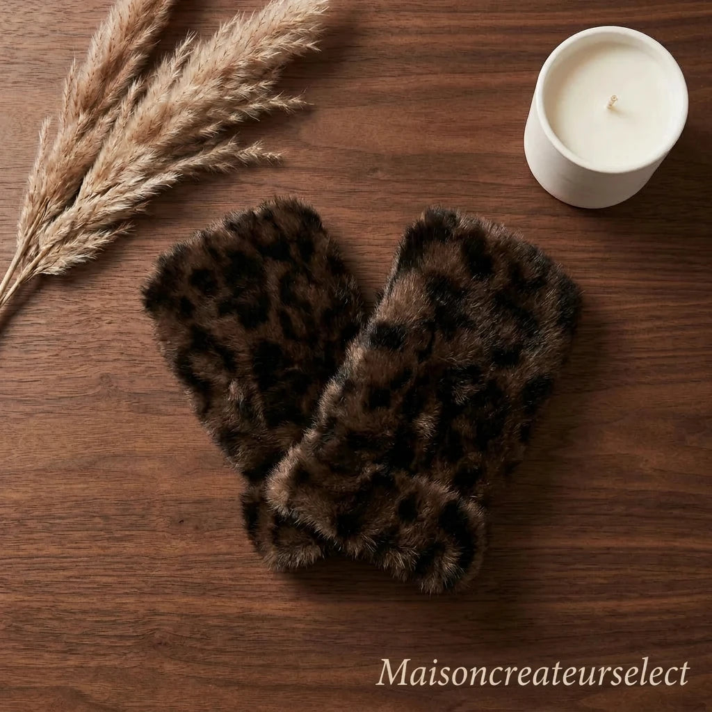 Mitaines Léopard en Fausse Fourrure — Café