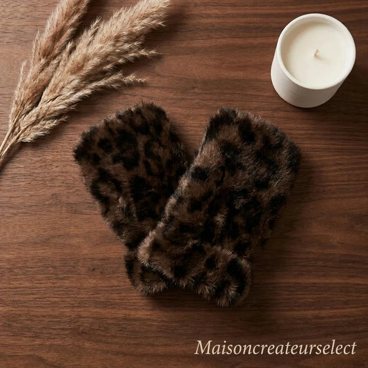 Mitaines Léopard en Fausse Fourrure — Café