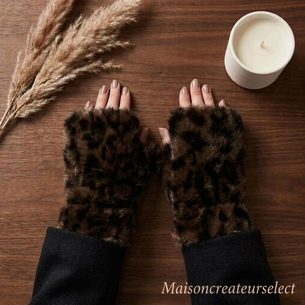 Mitaines Léopard en Fausse Fourrure — Café