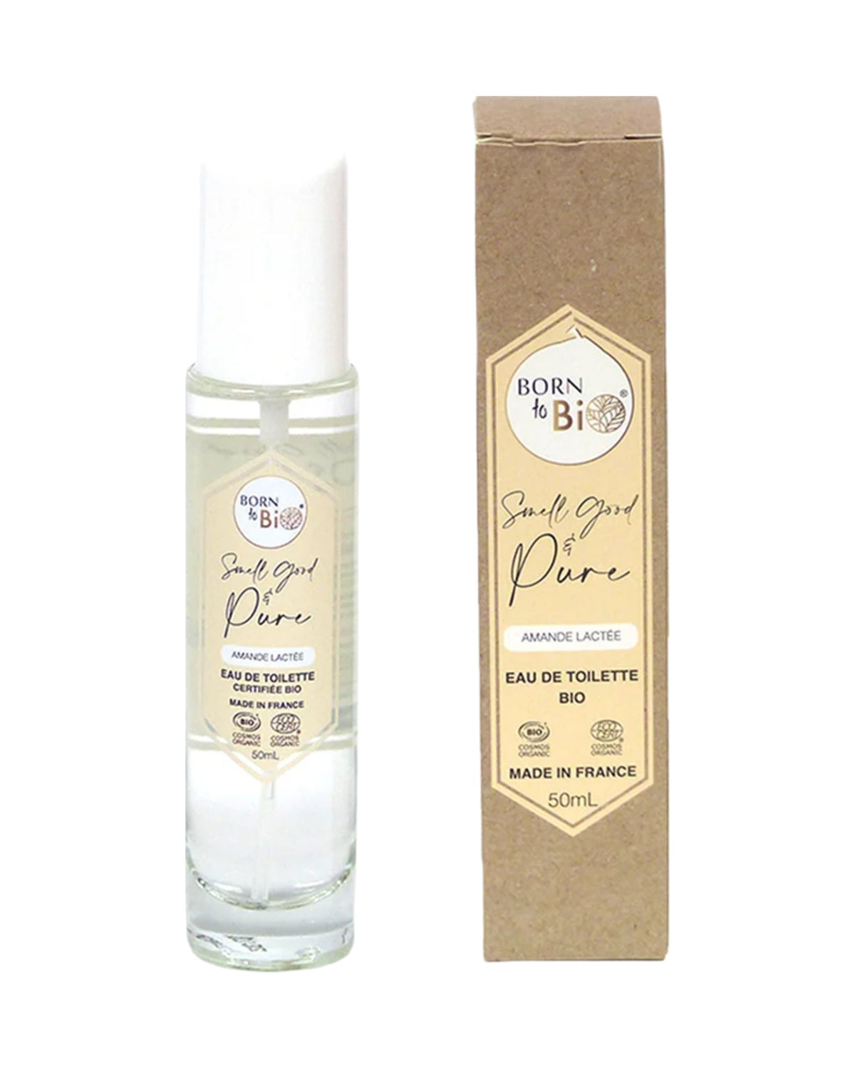 Eau de toilette Amande Lactée Born to Bio, flacon roll-on et son étui kraft