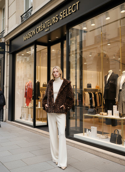 Manteau court à capuche en fausse fourrure léopard: Leopard / Taille unique