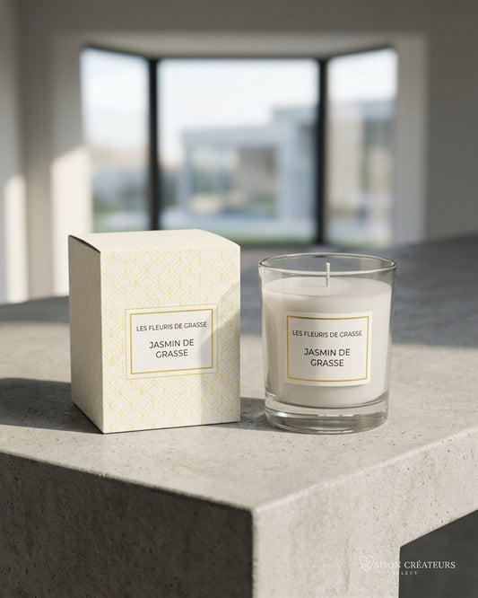 Bougie parfumée 130 g Jasmin de Grasse posée sur du béton dans un atrium lumineux