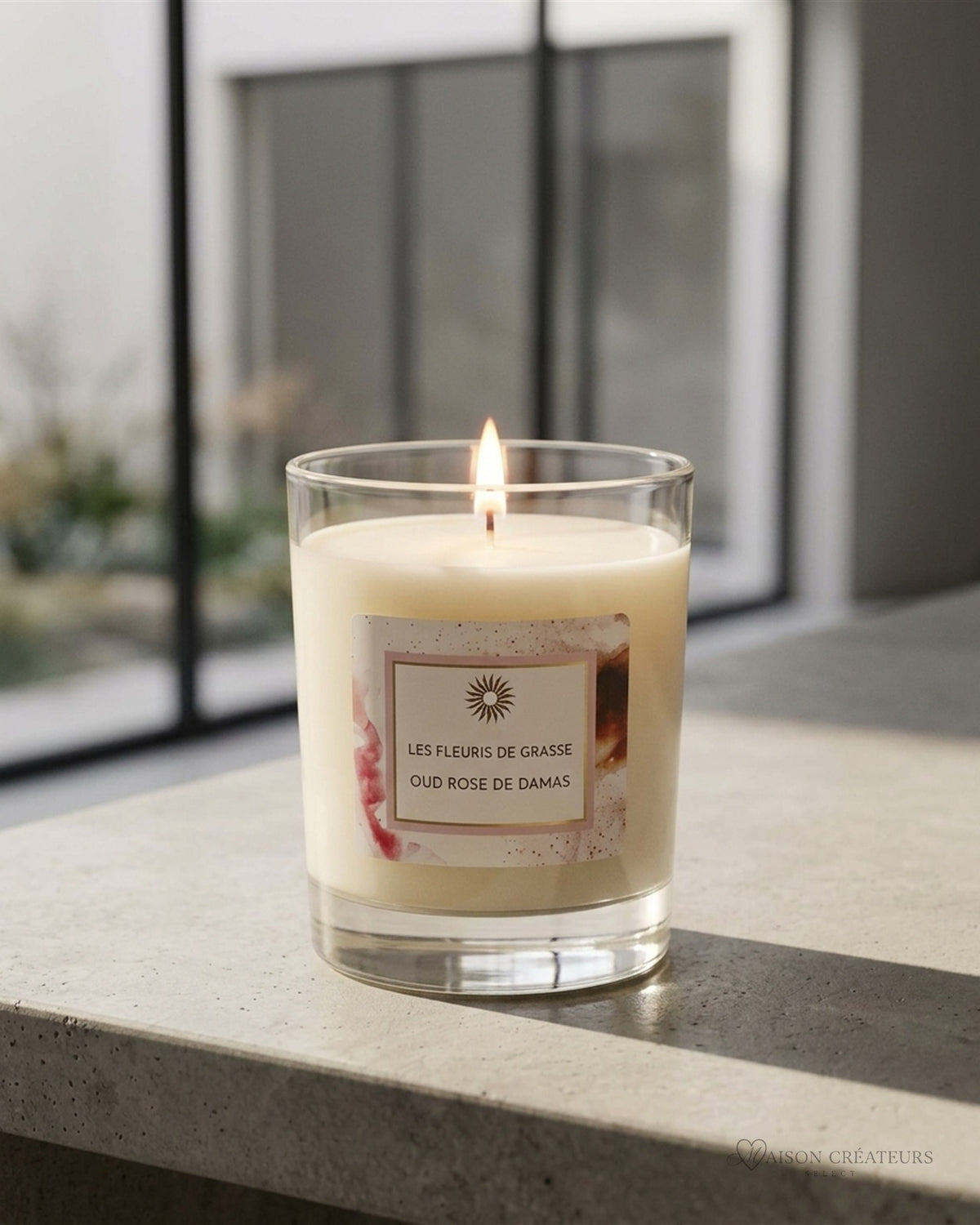 Bougie parfumée 130 g Oud Rose de Damas dans son verre, posé sur du béton dans un atrium lumineux