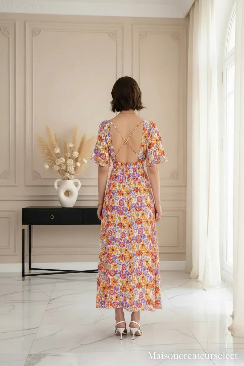 Robe Longue Dos Nu Croisé — Imprimé Floral