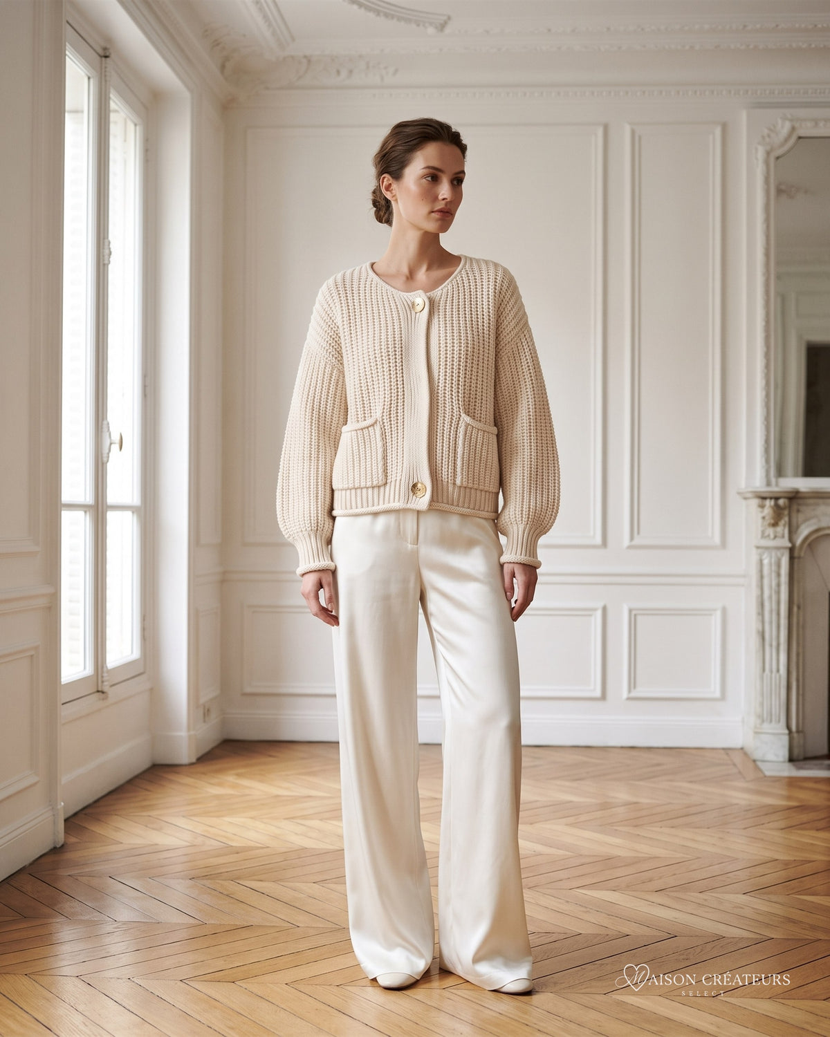 Cardigan oversize en maille écrue porté dans un salon haussmannien