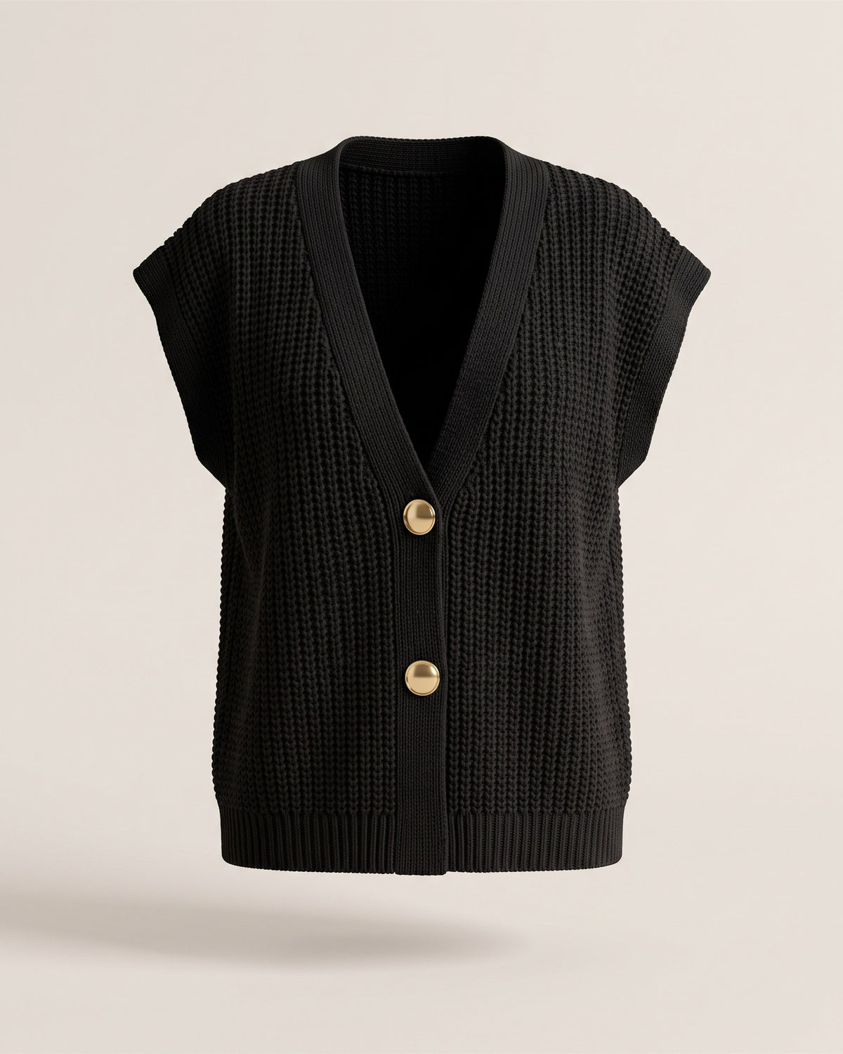 Cardigan sans manches en maille noire à boutons dorés