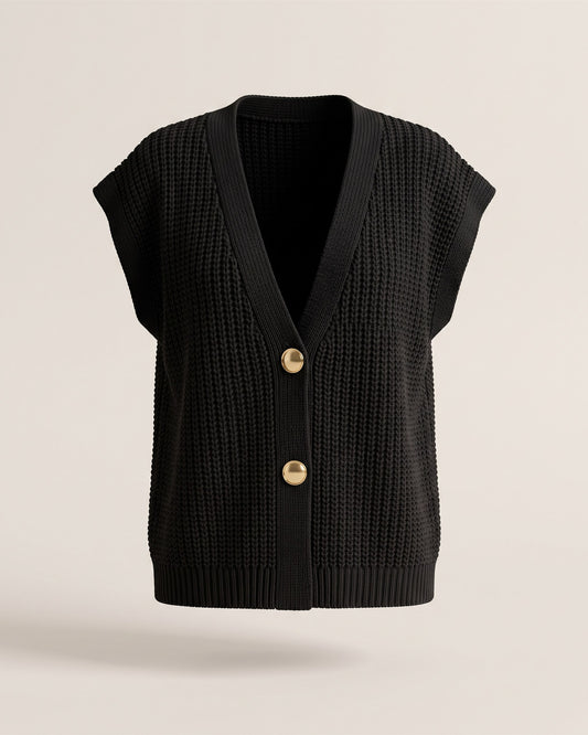Cardigan sans manches en maille noire à boutons dorés