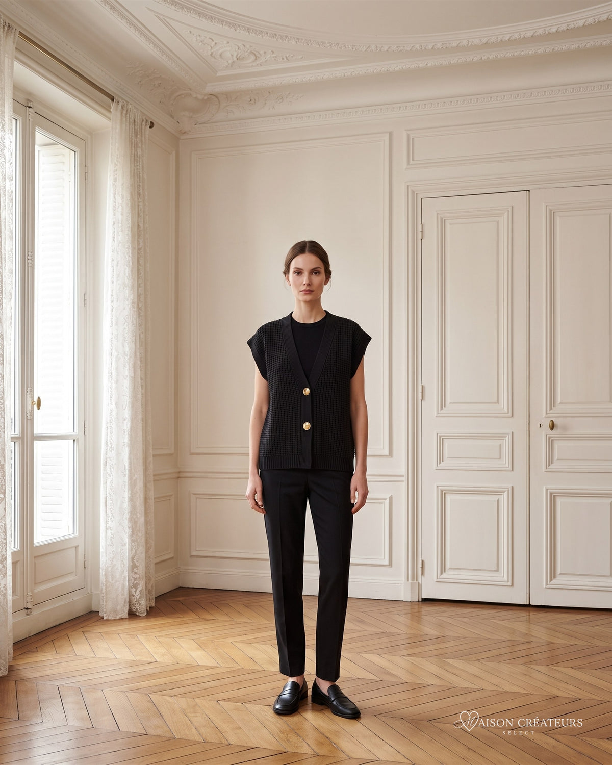 Cardigan sans manches en maille noire à boutons dorés, porté dans un salon haussmannien