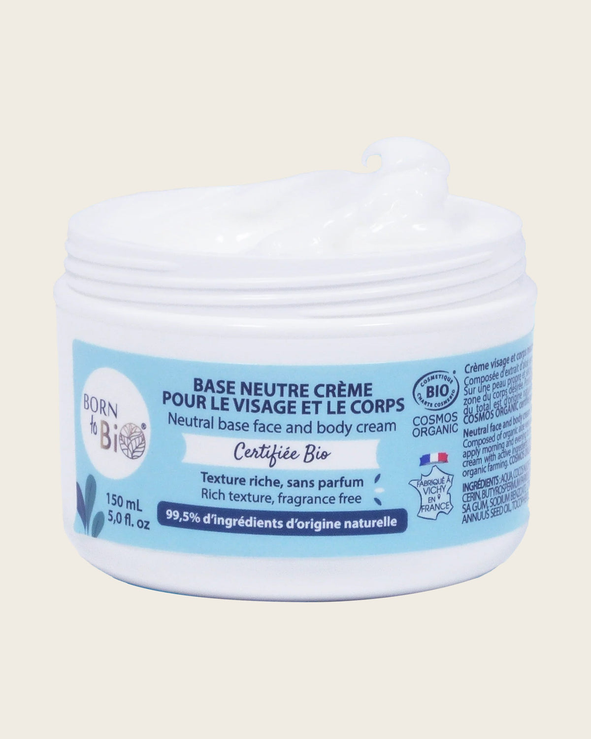 Crème visage et corps base neutre certifiée bio Born to Bio, pot blanc