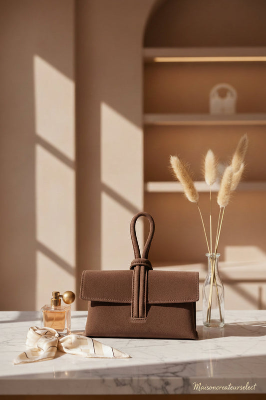 Sac pochette cuir suède Felicie chocolat, vue de face