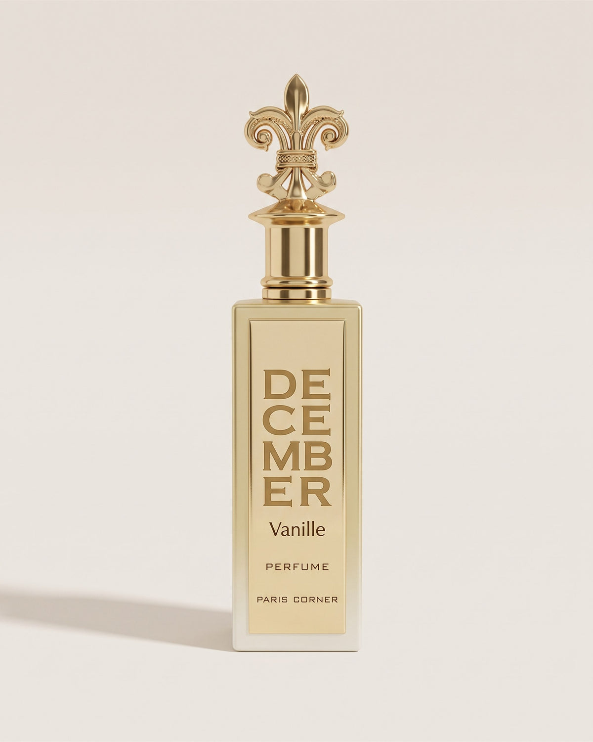 Eau de parfum Décember Vanille de Paris Corner, flacon doré à bouchon fleur de lys