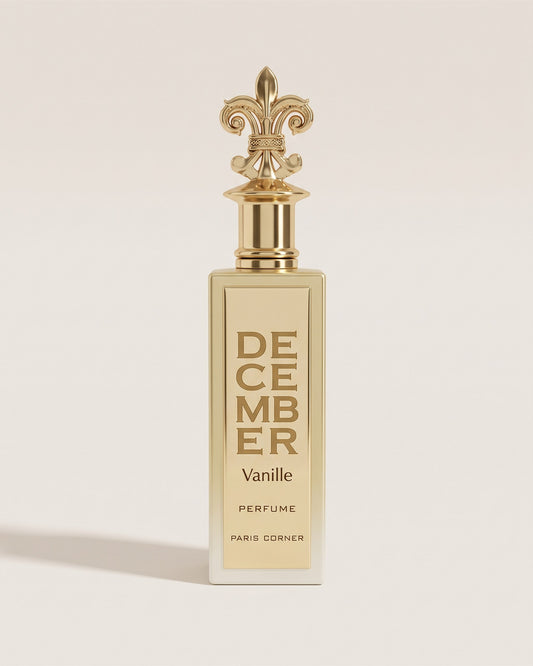 Eau de parfum Décember Vanille de Paris Corner, flacon doré à bouchon fleur de lys