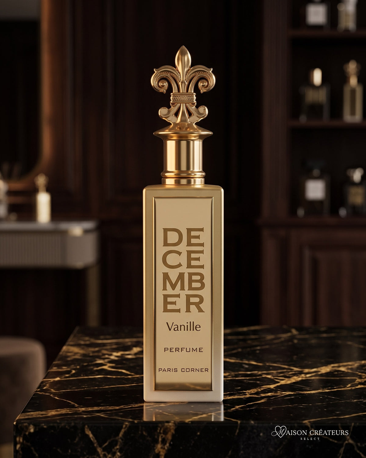 Parfum Décember Vanille Paris Corner sur marbre noir veiné d'or