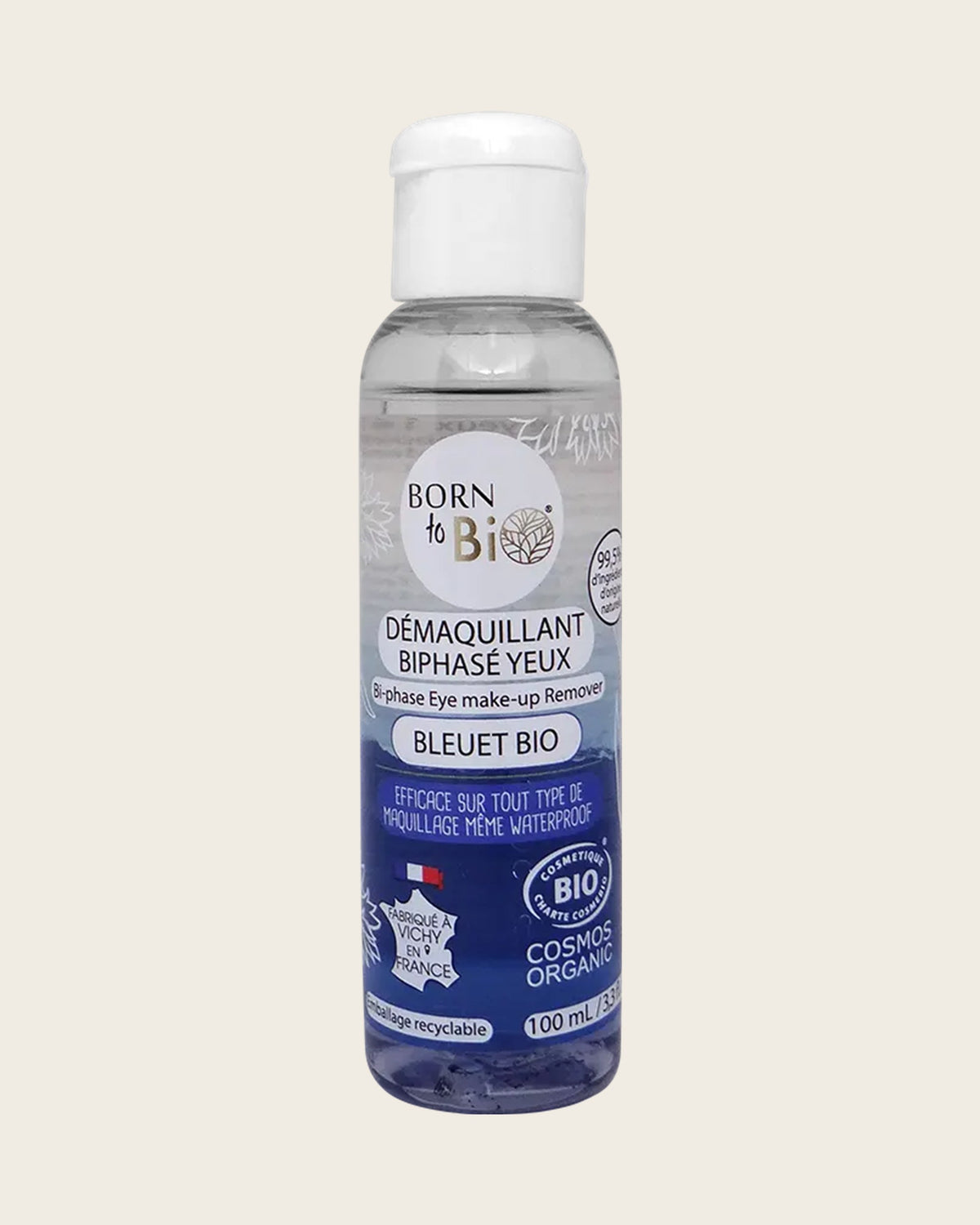 Démaquillant biphasé waterproof yeux au bleuet certifié bio Born to Bio, flacon bleu