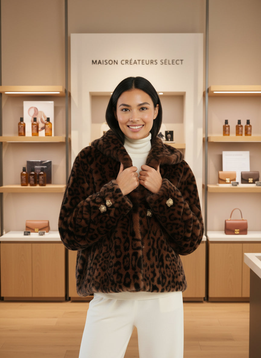 Manteau court à capuche en fausse fourrure léopard: Leopard / Taille unique