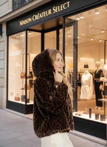 Manteau court à capuche en fausse fourrure léopard: Leopard / Taille unique
