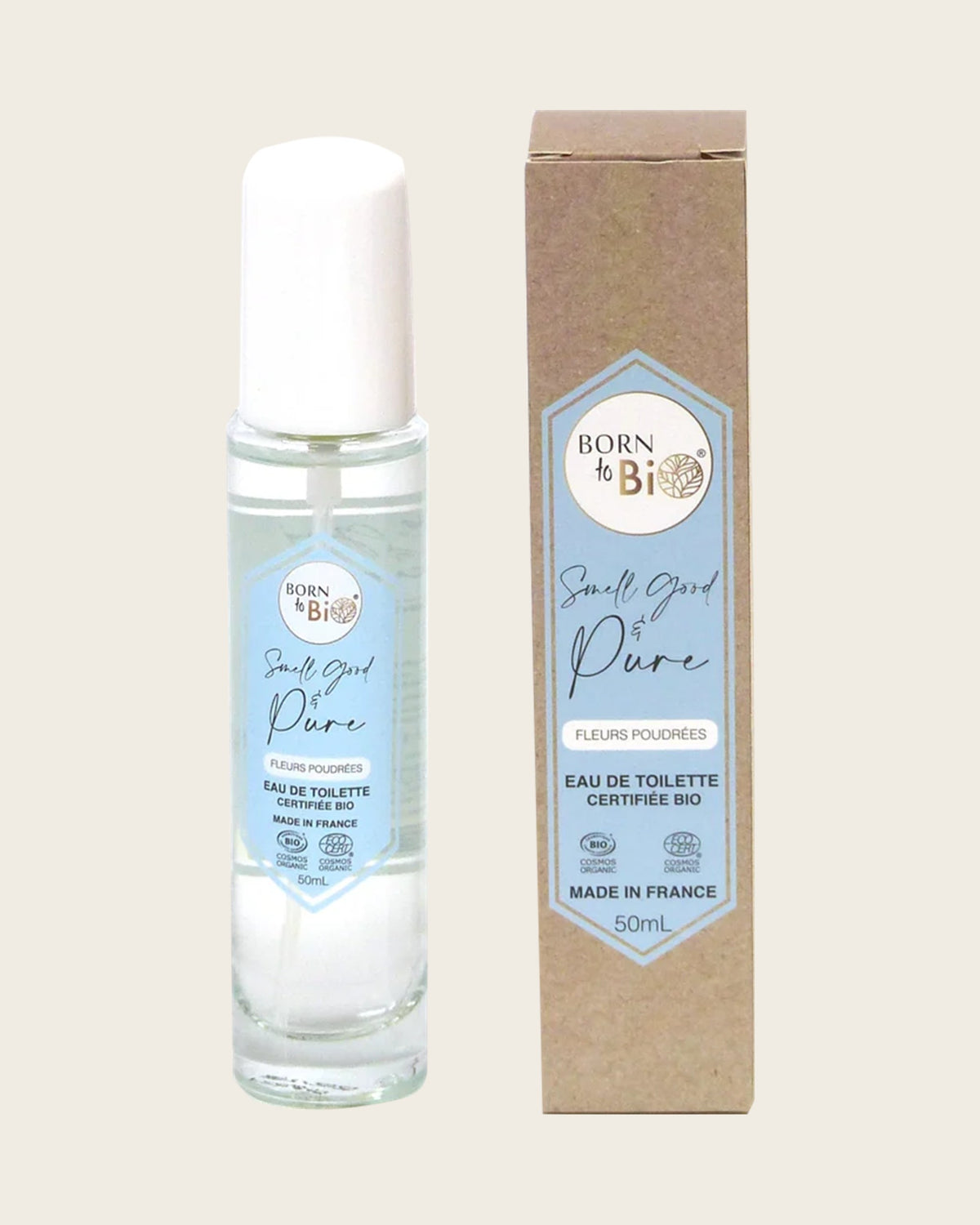 Eau de toilette Fleurs Poudrées Born to Bio, flacon roll-on et son étui