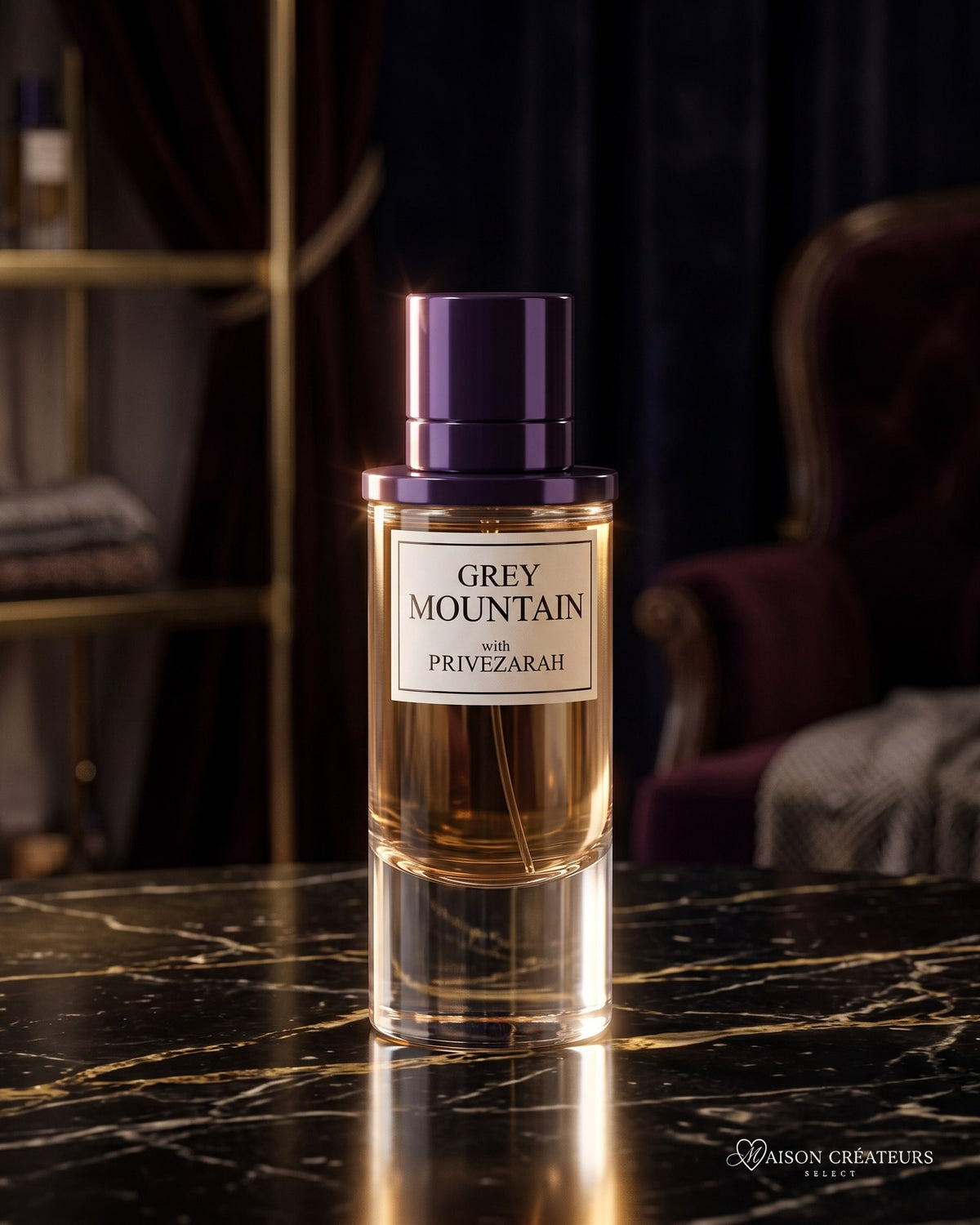 Parfum Grey Mountain Paris Corner sur marbre noir veiné d'or