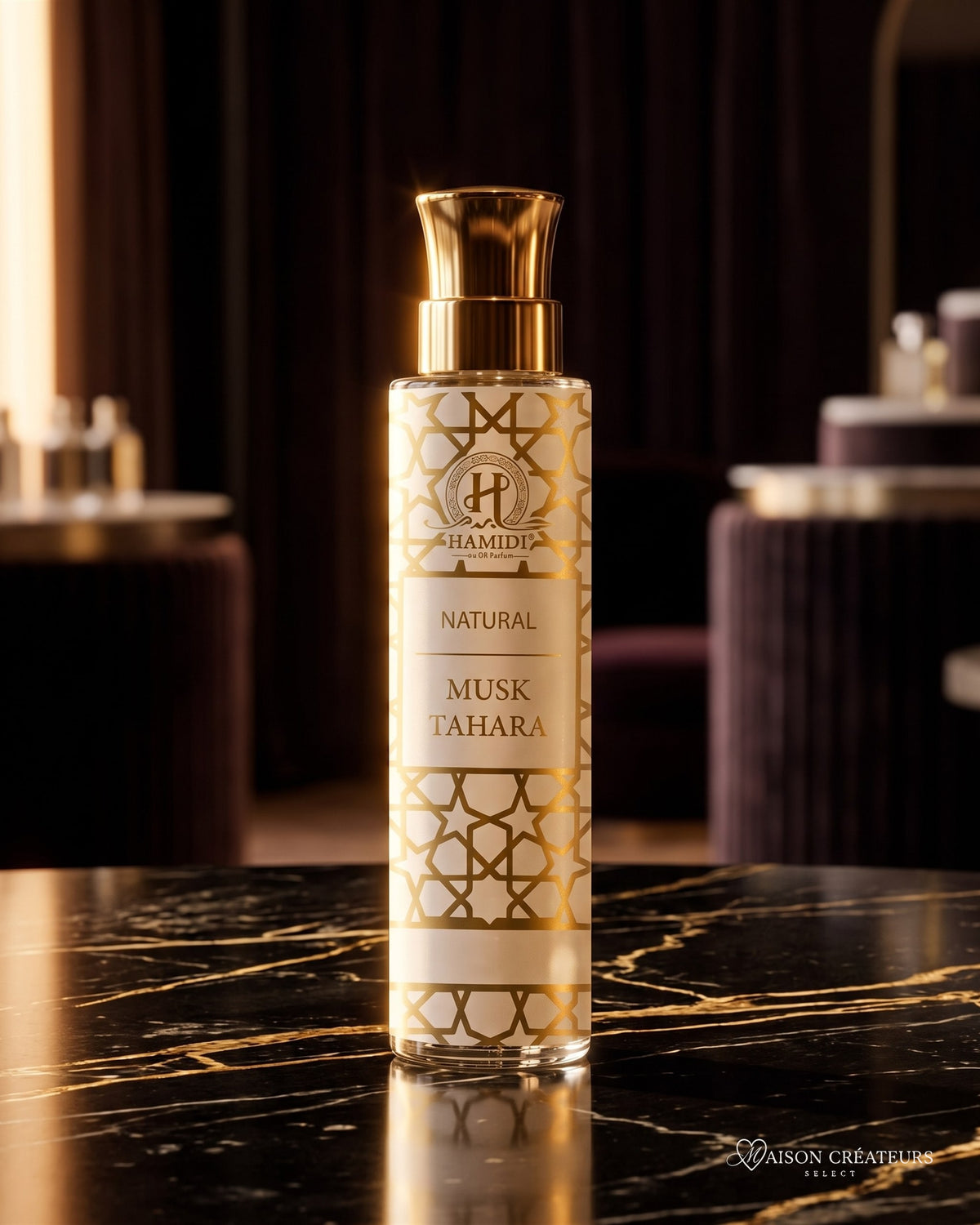 Parfum Musc Tahara Hamidi sur marbre noir veiné d'or