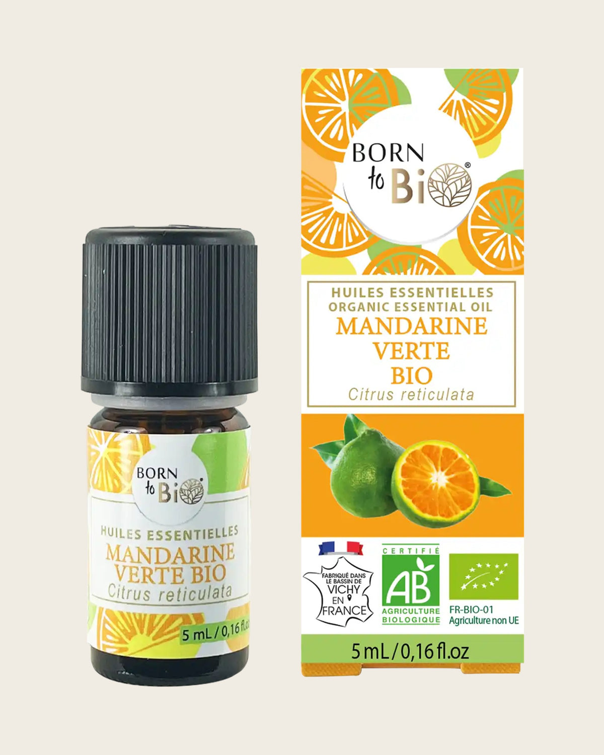 Huile essentielle de mandarine verte certifiée bio Born to Bio, flacon et étui