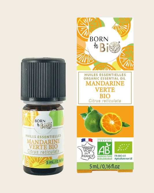 Huile essentielle de mandarine verte certifiée bio Born to Bio, flacon et étui