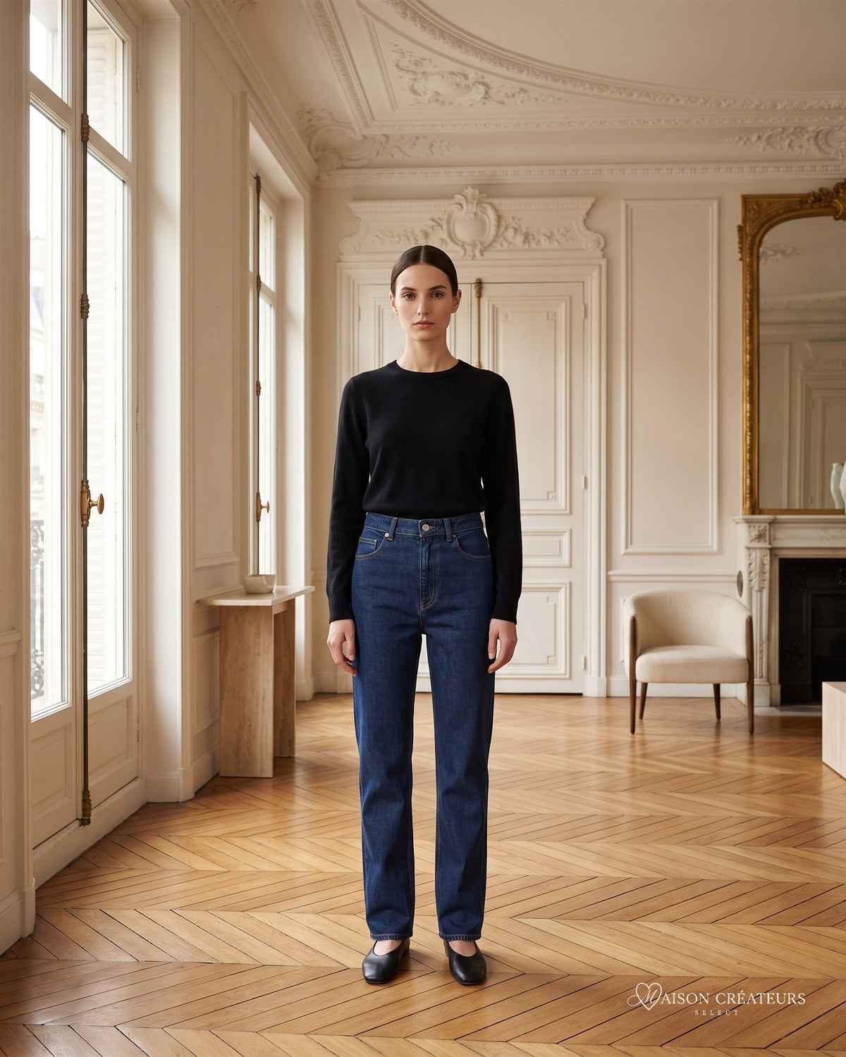 Jean droit taille haute en denim brut bleu foncé, porté dans un salon haussmannien