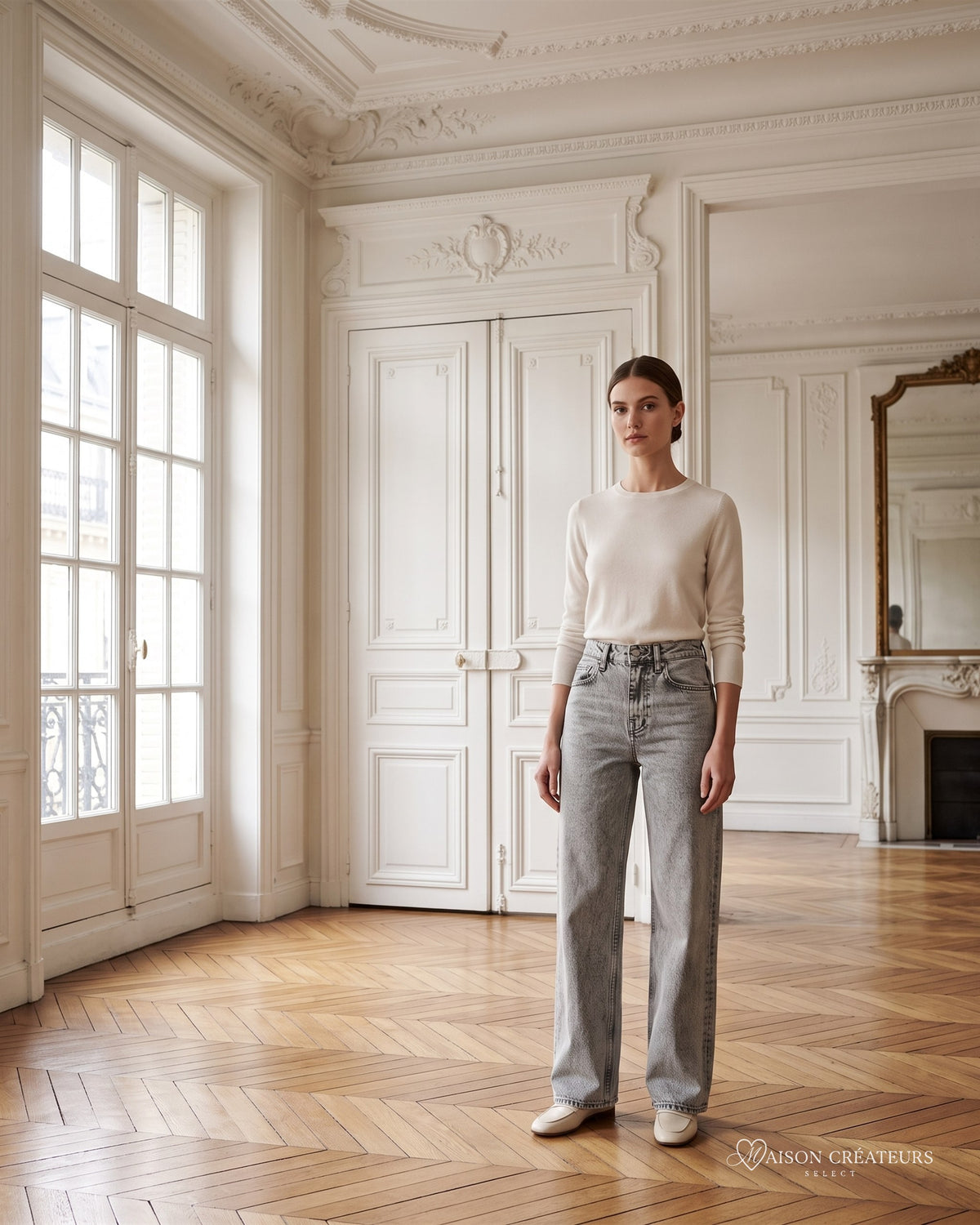 Jean large wide leg gris délavé taille haute, porté dans un salon haussmannien