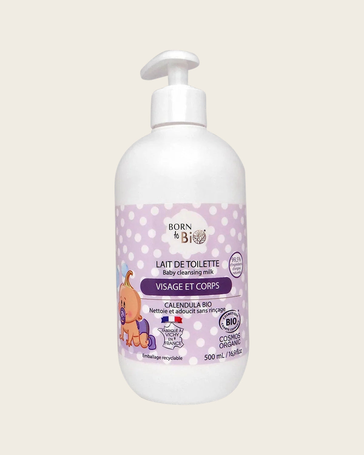 Lait de toilette pour bébé certifié bio Born to Bio, flacon pompe