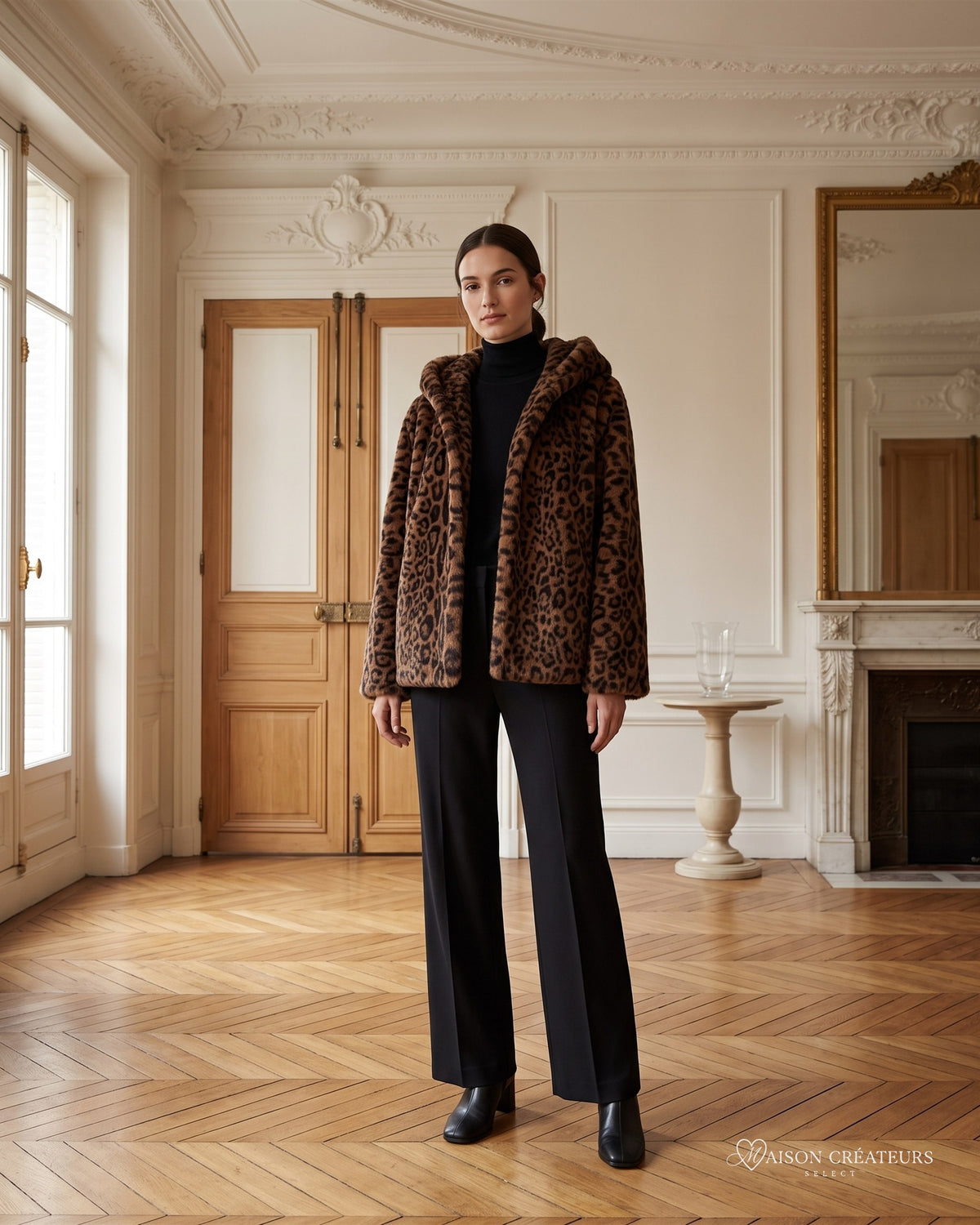 Manteau court à capuche en fausse fourrure léopard, porté dans un salon haussmannien