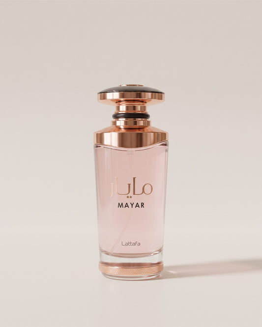 Eau de parfum Mayar de Lattafa, flacon rose à bouchon or rose