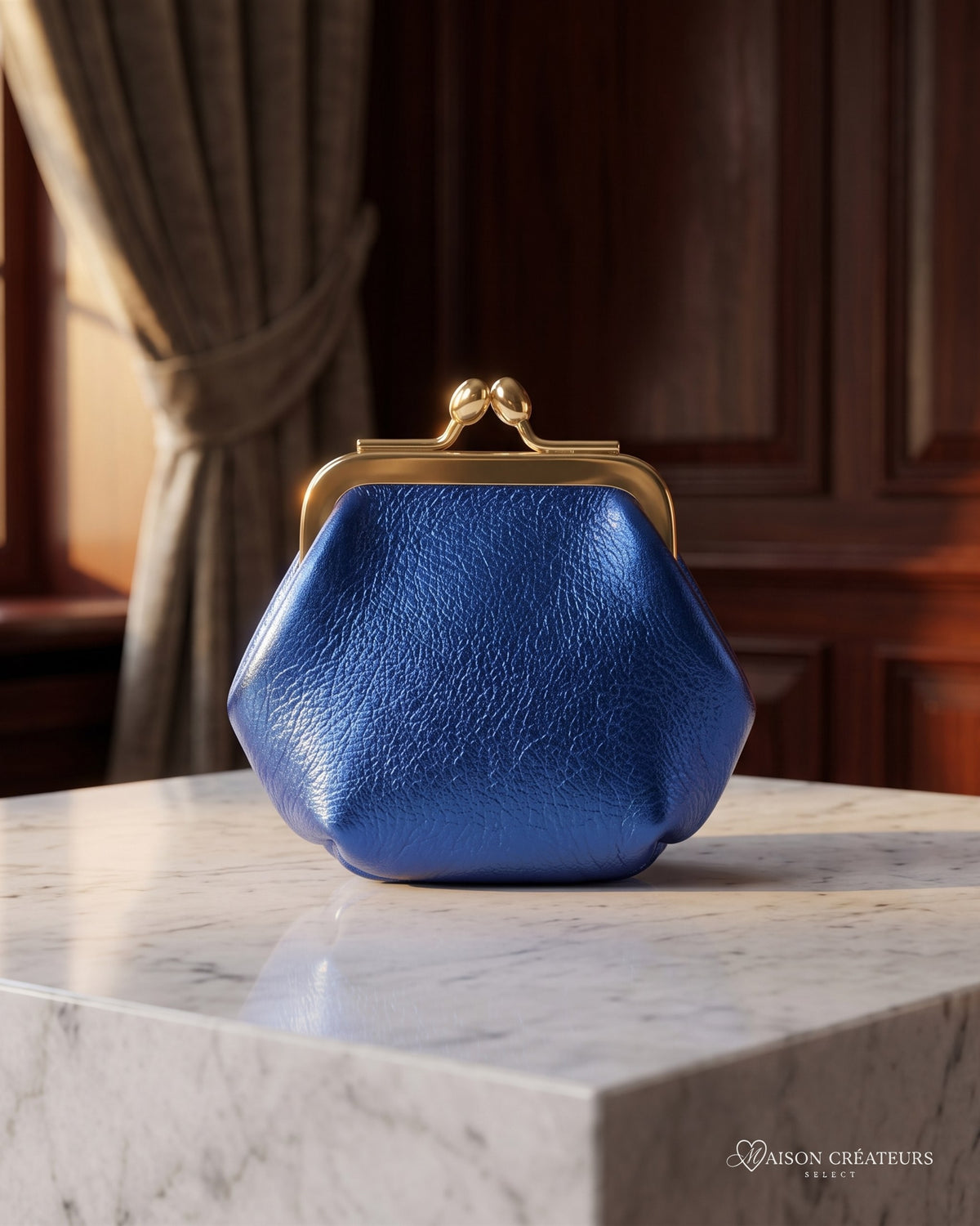 Le porte-monnaie rétro en cuir métallisé bleu roi à fermoir doré à boules posé sur un bloc de marbre blanc en boutique
