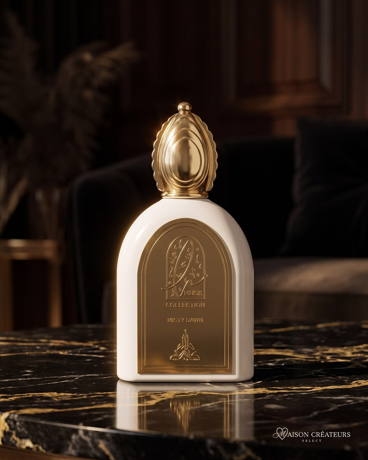 Parfum Misty Dawn Musk Collection sur marbre noir veiné d'or
