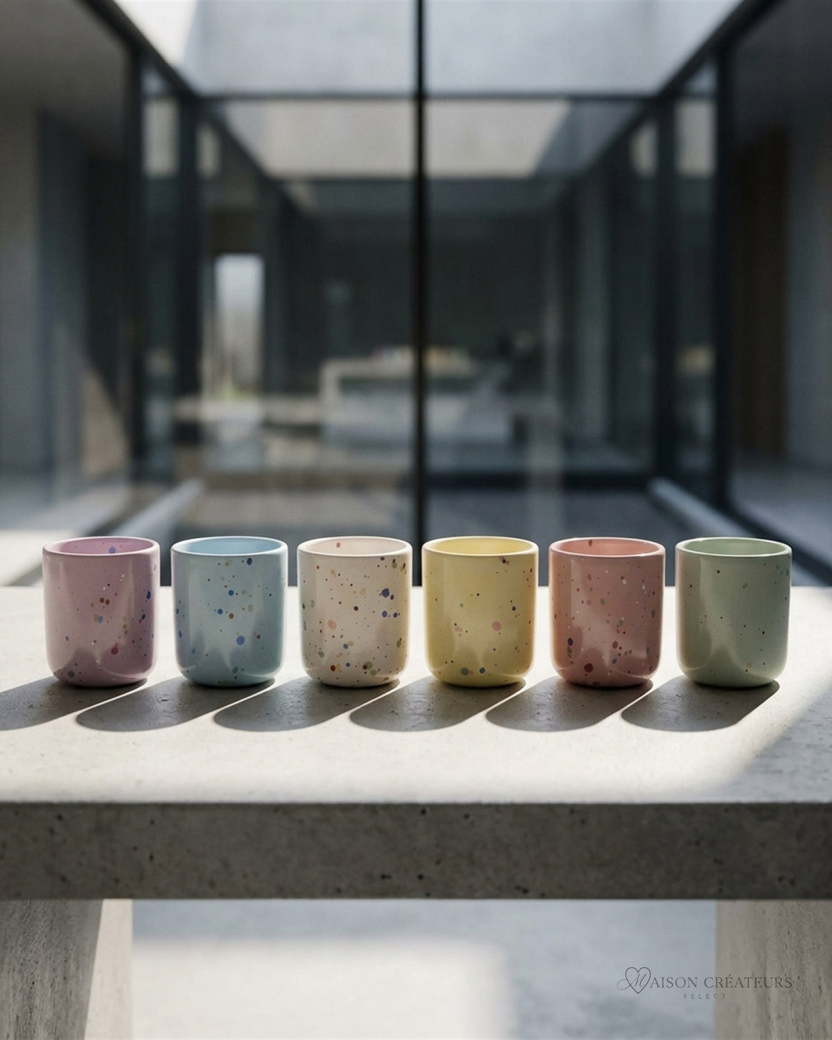 Lot de six tasses expresso coquetiers New Party en céramique pastel, posé sur du béton dans un atrium lumineux