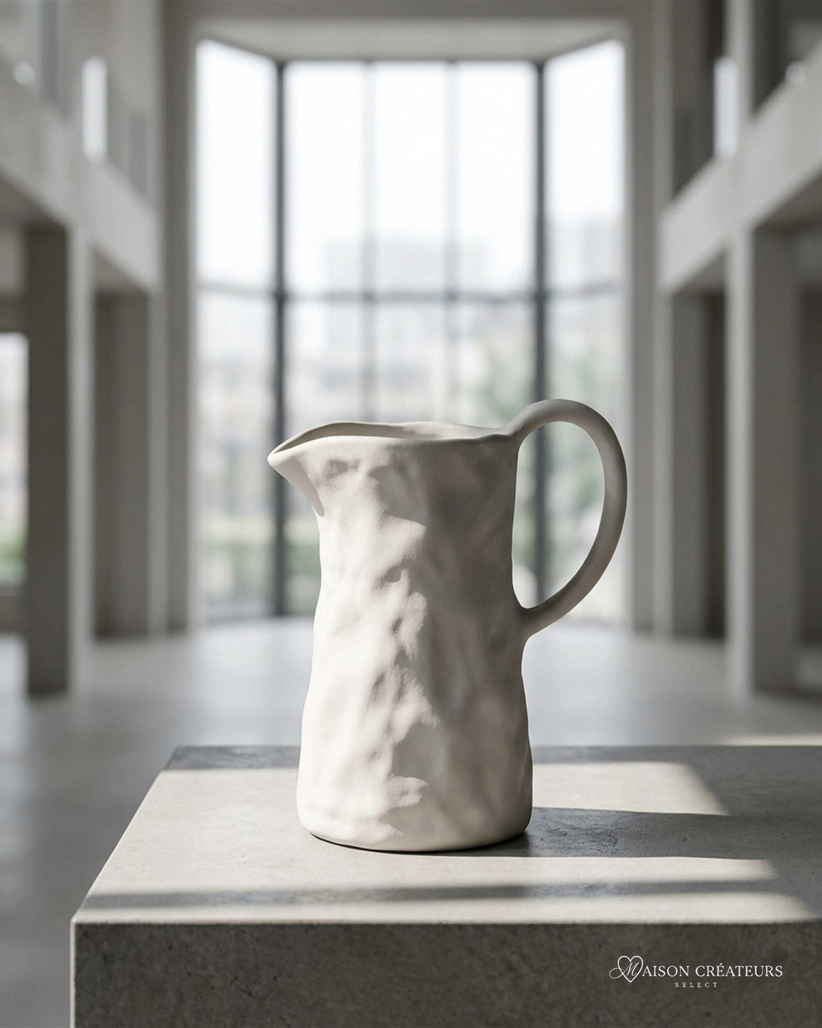 Pichet en grès blanc naturel 1,4 L à surface martelée, posé sur du béton dans un atrium lumineux