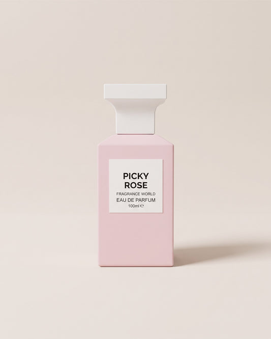 Eau de parfum Picky Rose de Fragrance World, flacon rose poudré à bouchon blanc