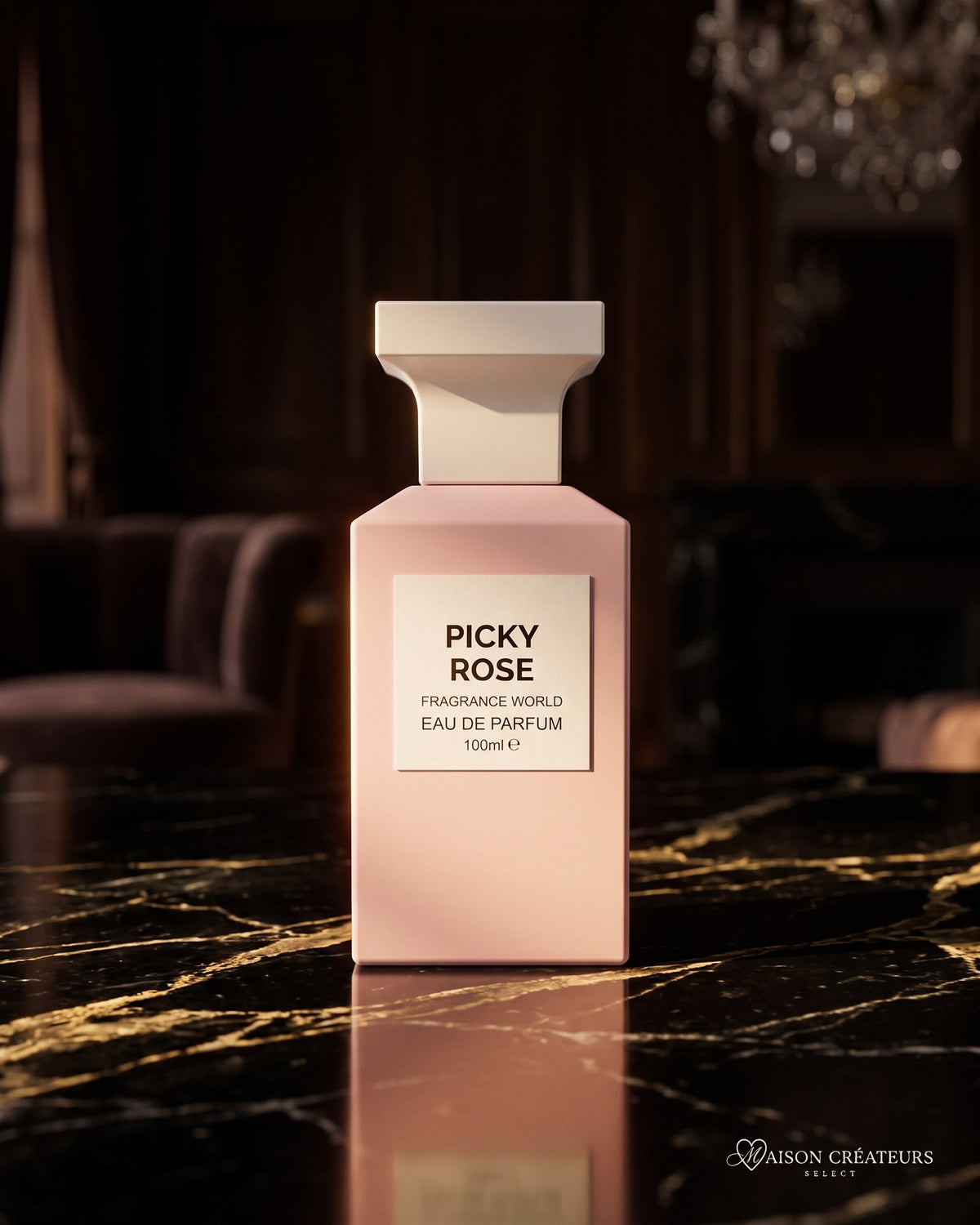 Parfum Picky Rose Fragrance World sur marbre noir veiné d'or