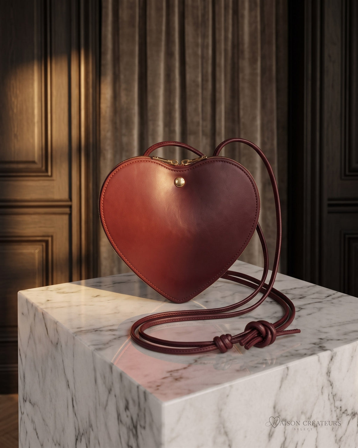 La pochette en forme de cœur en cuir lisse bordeaux posé sur un bloc de marbre blanc en boutique