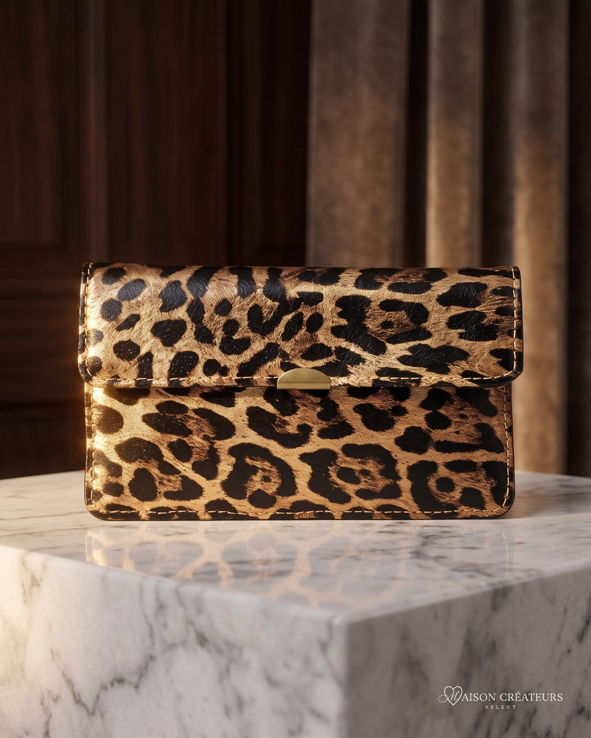 Le porte-monnaie compact tout-en-un en cuir façon léopard posé sur un bloc de marbre blanc en boutique