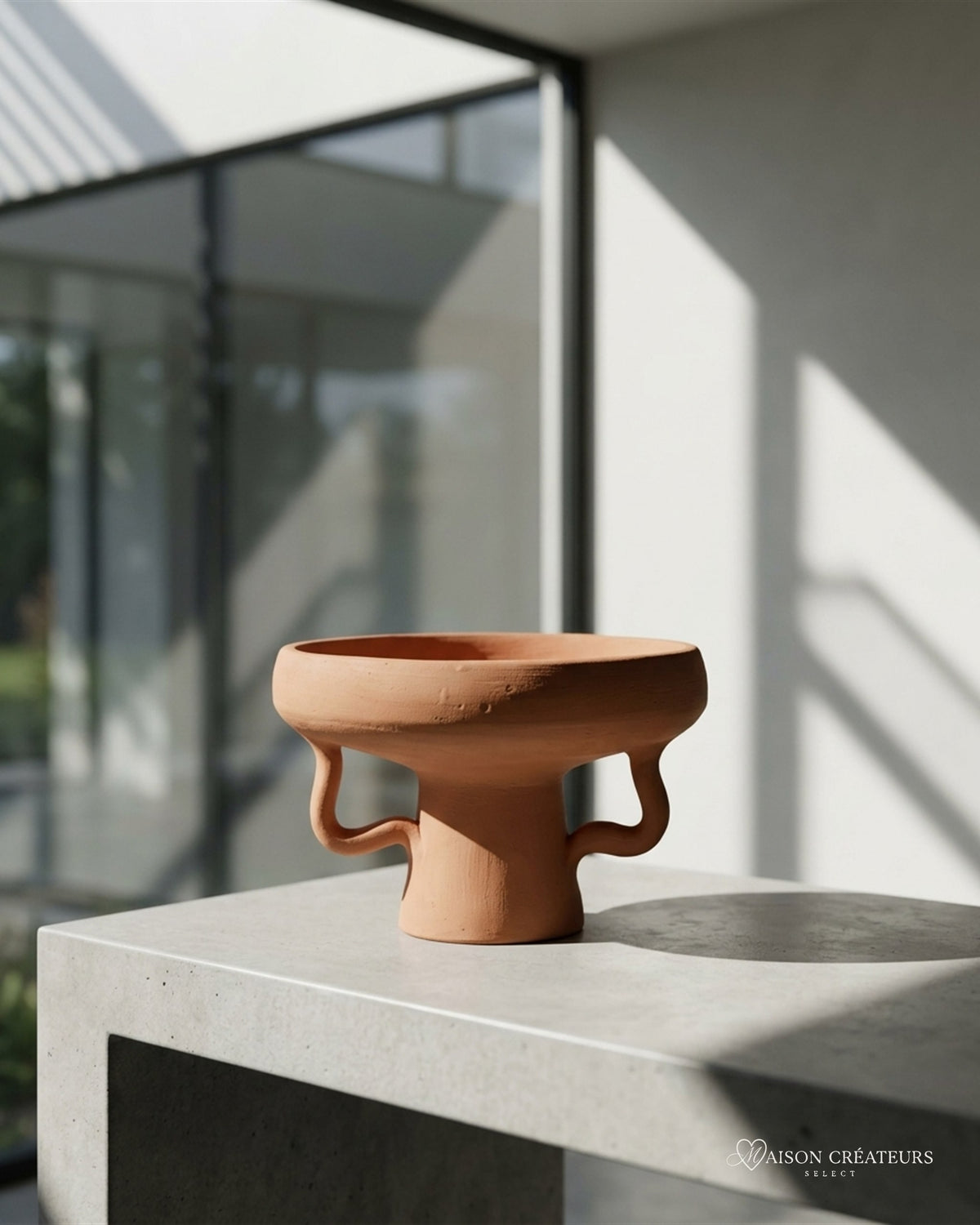 Coupe sur pied en céramique terracotta faite main, posé sur du béton dans un atrium lumineux