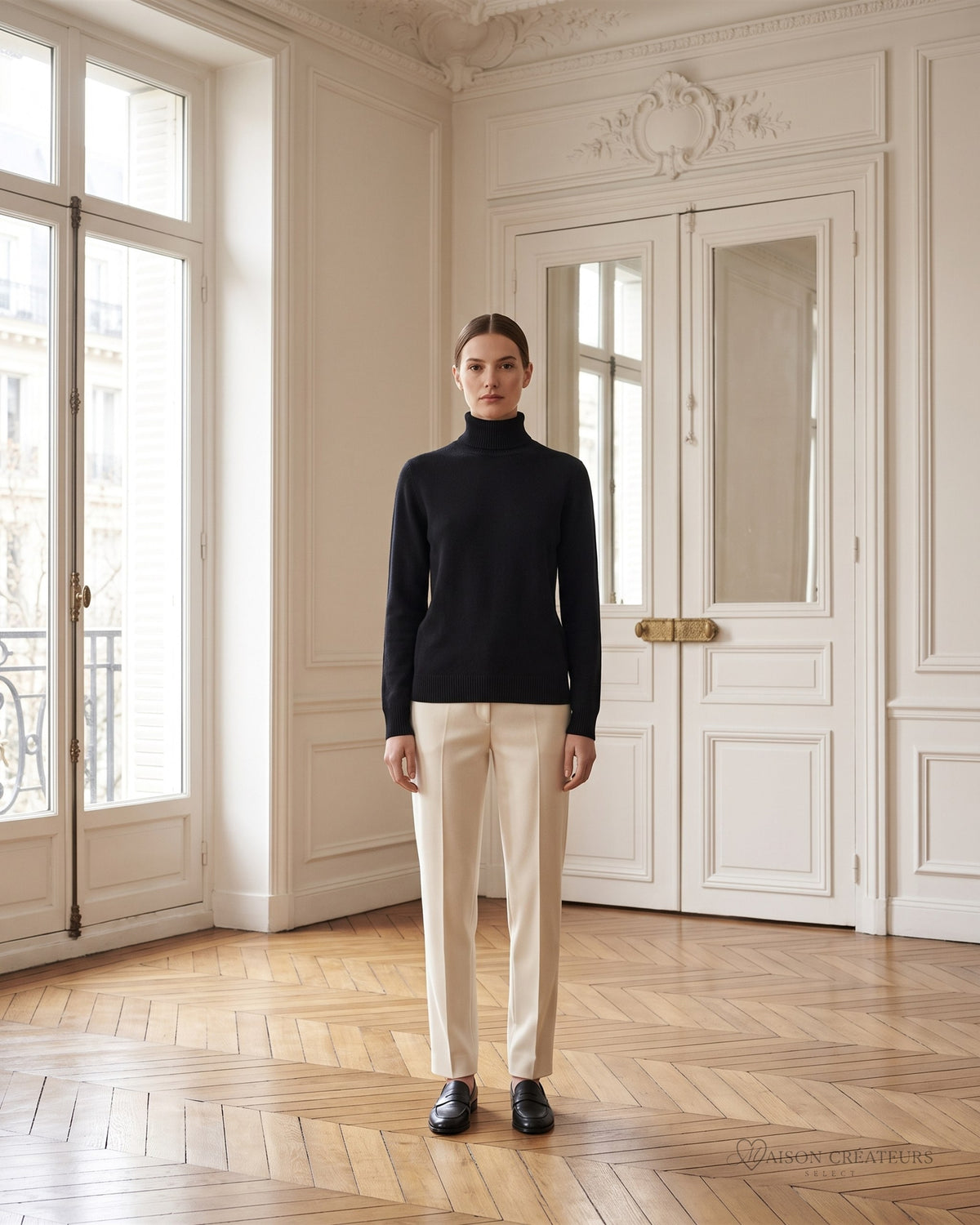 Pull col roulé noir en maille cachemire et laine, porté dans un salon haussmannien