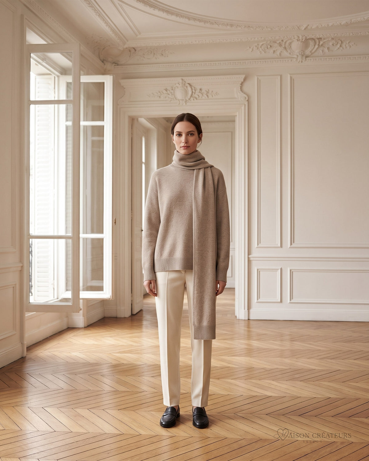 Pull écharpe beige en maille fine à écharpe intégrée, porté dans un salon haussmannien
