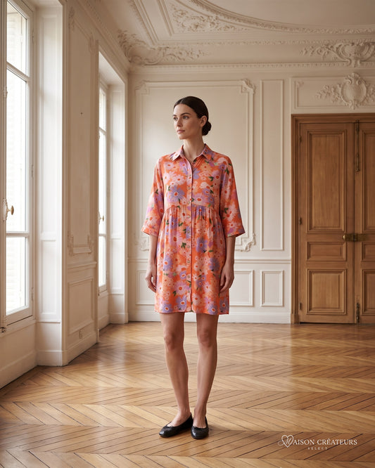 Robe chemise courte Soléa à imprimé fleurs orange, porté dans un salon haussmannien